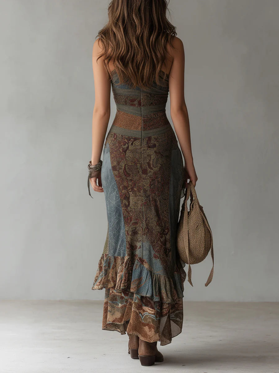 Elena ∙ Vestido Largo Monohombro con Estampado Étnico y Abertura Alta