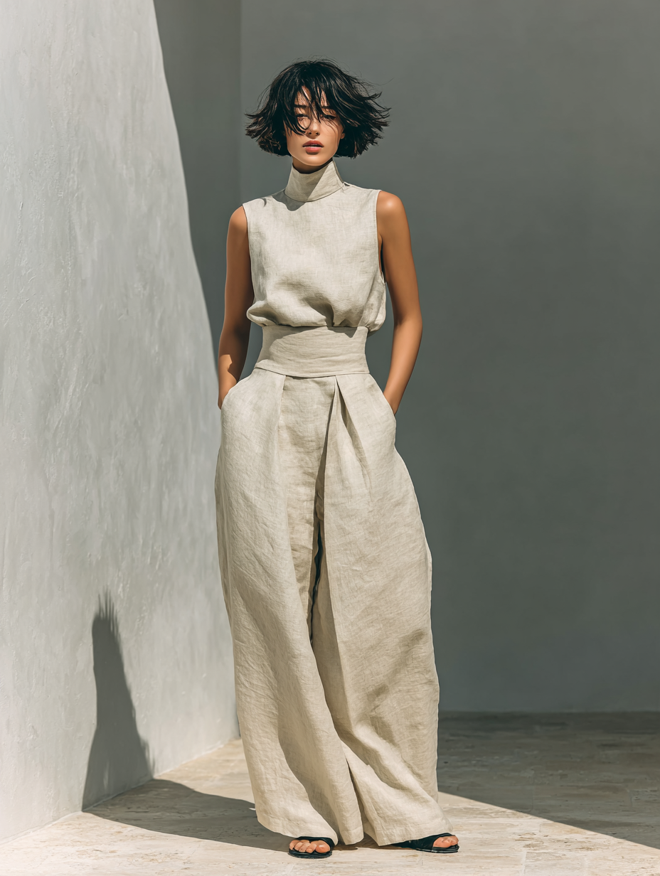 Maria - Conjunto minimalista de camiseta y pantalón ancho de algodón y lino para mujer