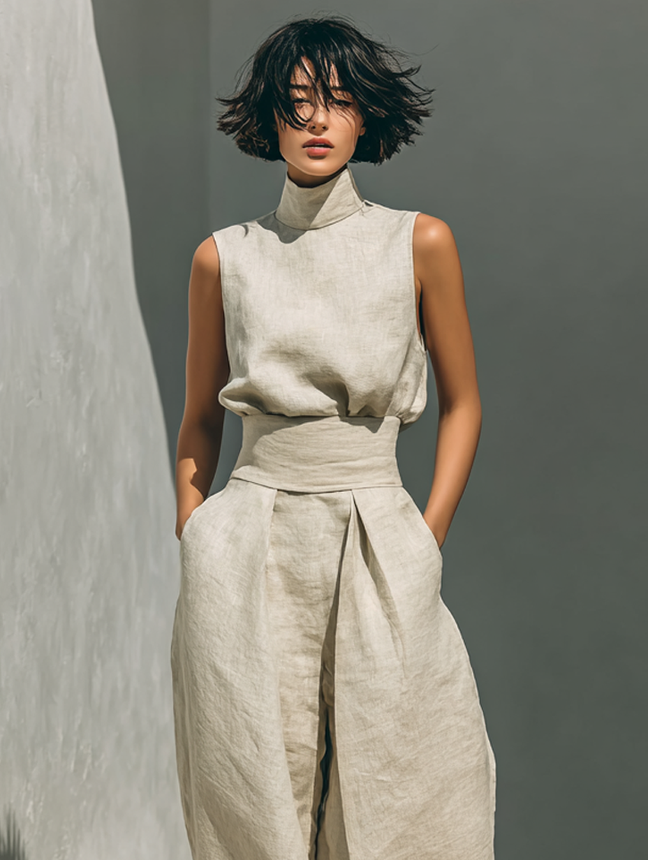 Maria - Conjunto minimalista de camiseta y pantalón ancho de algodón y lino para mujer
