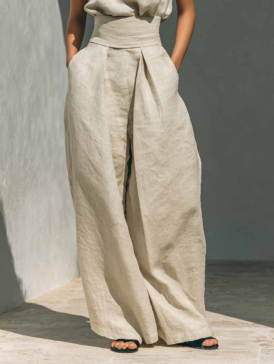 Maria - Conjunto minimalista de camiseta y pantalón ancho de algodón y lino para mujer