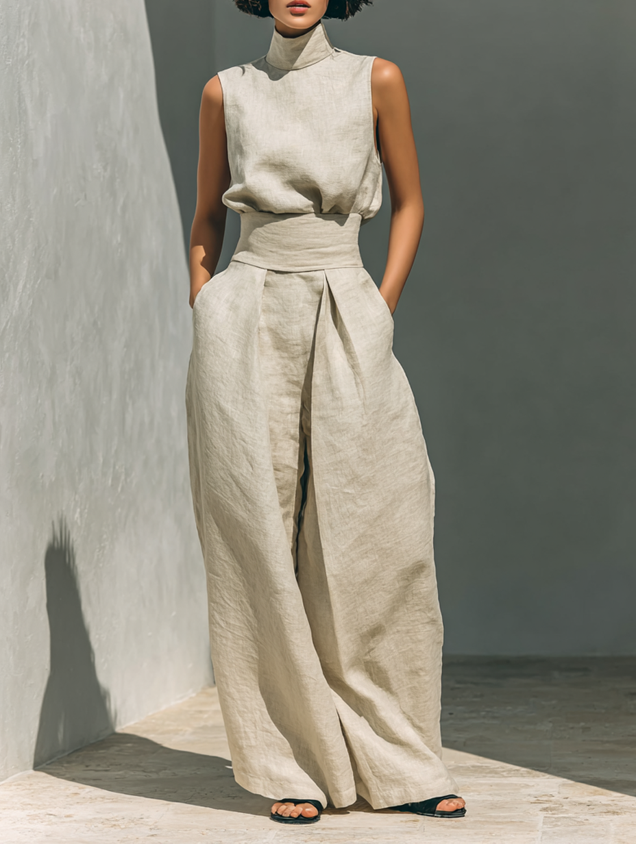 Maria - Conjunto minimalista de camiseta y pantalón ancho de algodón y lino para mujer