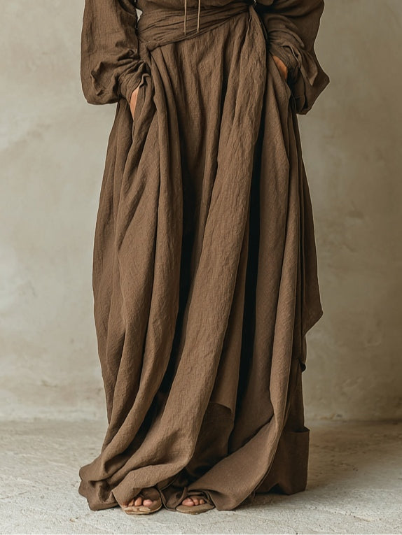 Vestido Maxi Marrón Suelto con Capucha Estilo Algodón Lino