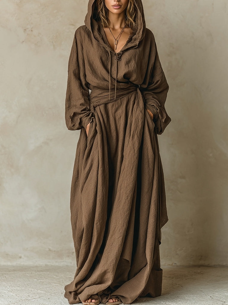 Vestido Maxi Marrón Suelto con Capucha Estilo Algodón Lino