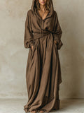Vestido Maxi Marrón Suelto con Capucha Estilo Algodón Lino
