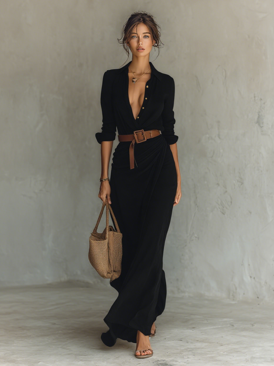 Vestido Maxi Largo con Cuello Solapa y Mangas Largas para Mujer