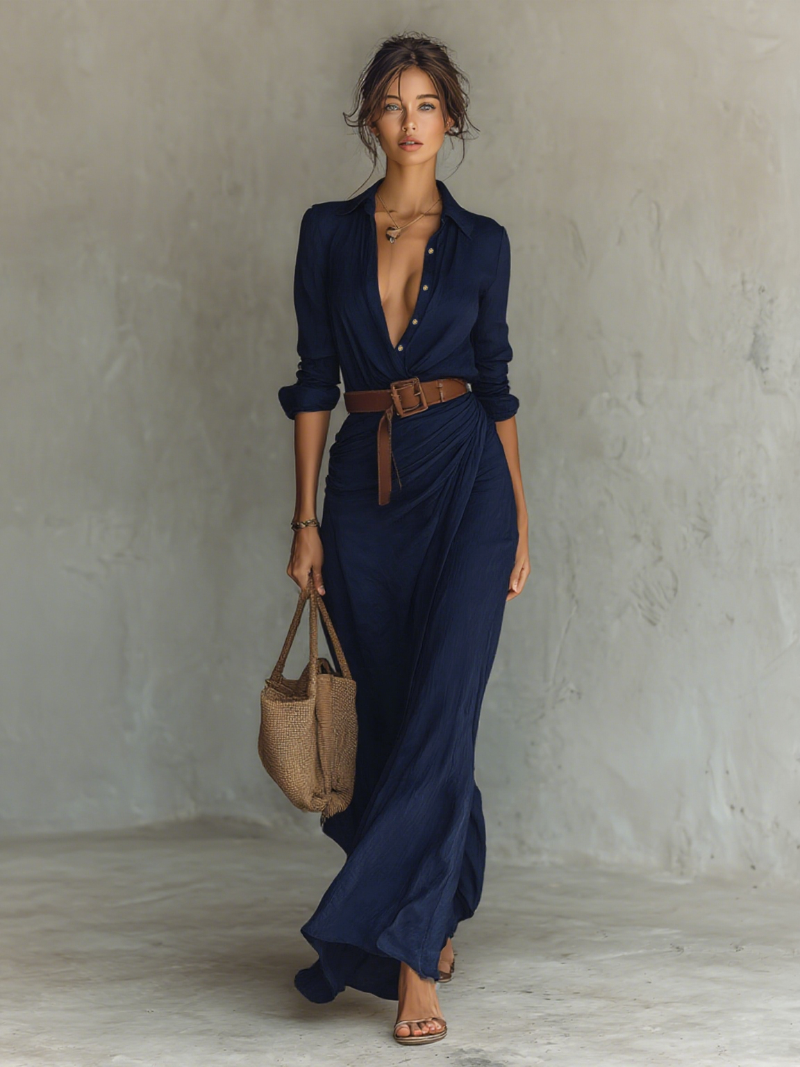 Vestido Maxi Largo con Cuello Solapa y Mangas Largas para Mujer