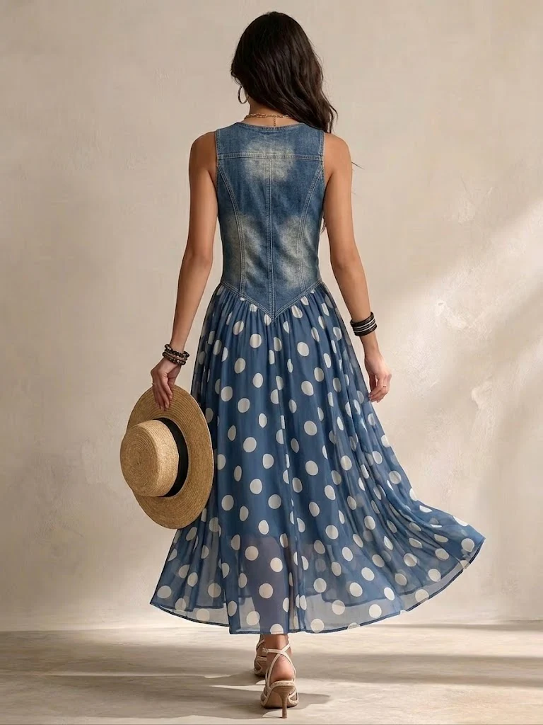Adeline | Vestido Largo Denim con Lunares