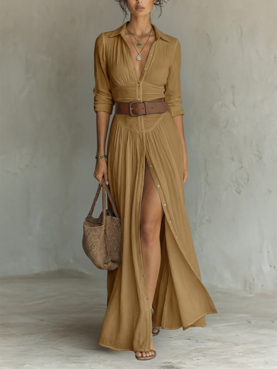 Vestido Maxi Largo con Cuello Solapa y Mangas Largas