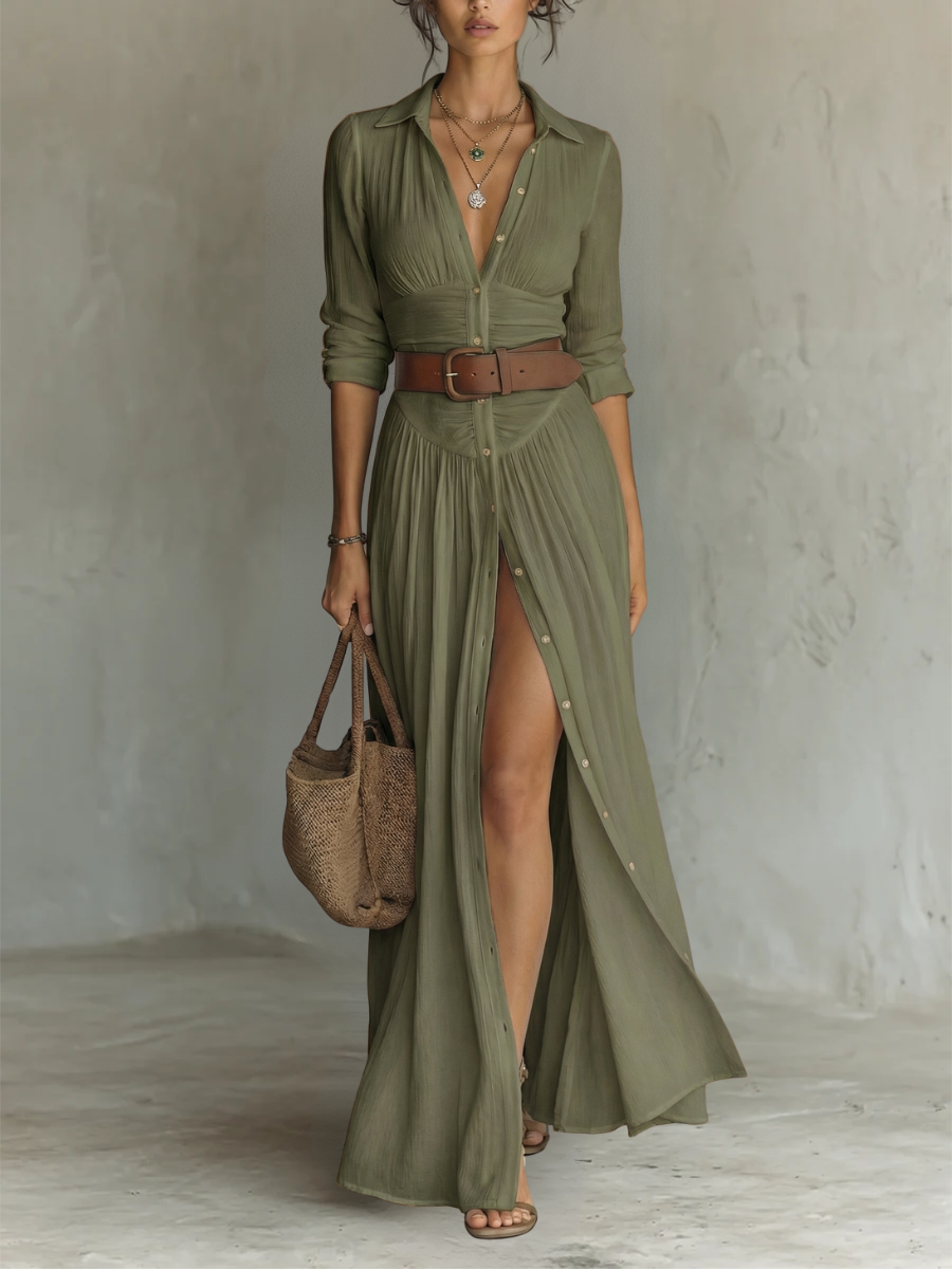 Vestido Maxi Largo con Cuello Solapa y Mangas Largas