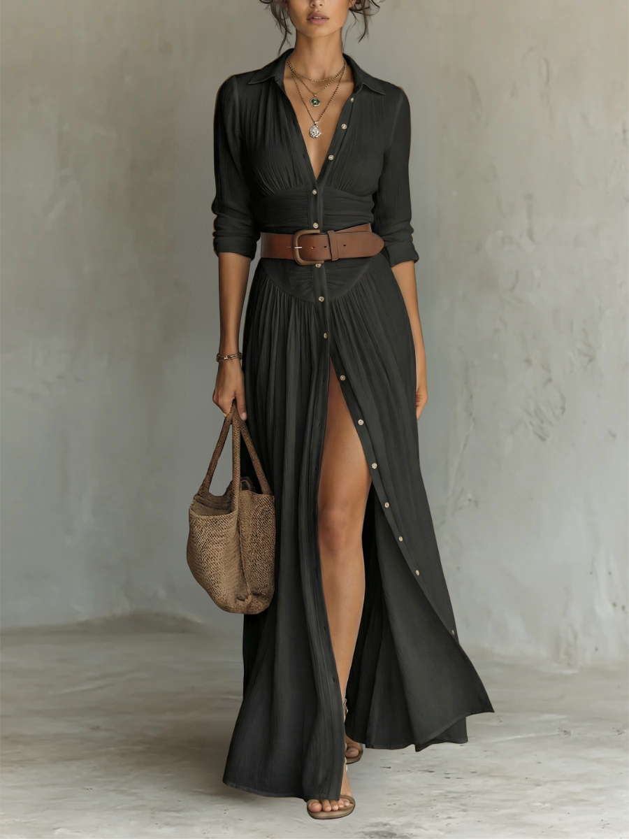 Vestido Maxi Largo con Cuello Solapa y Mangas Largas