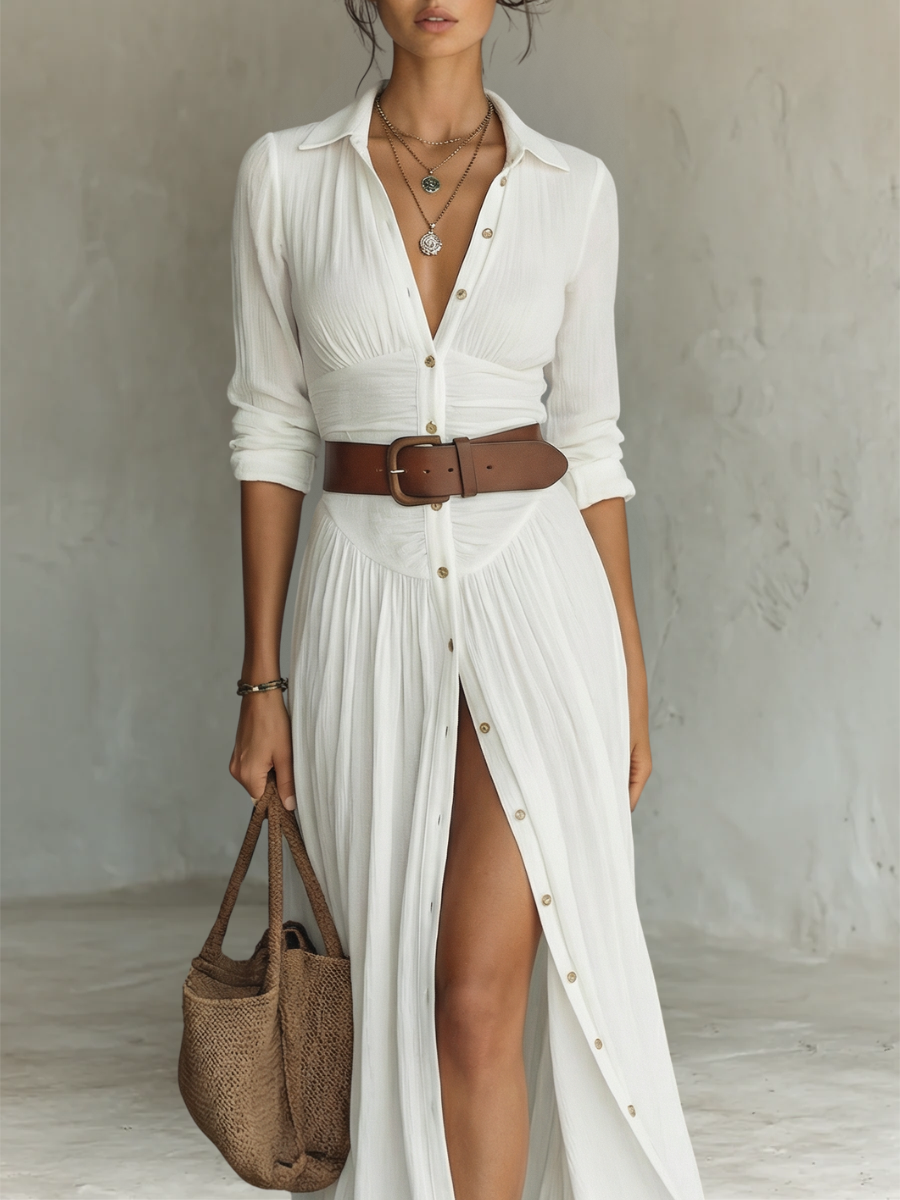 Vestido Maxi Largo con Cuello Solapa y Mangas Largas