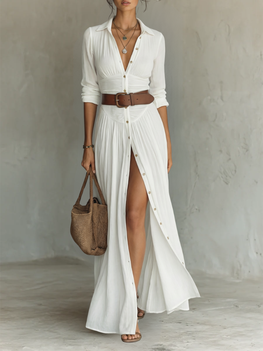 Vestido Maxi Largo con Cuello Solapa y Mangas Largas