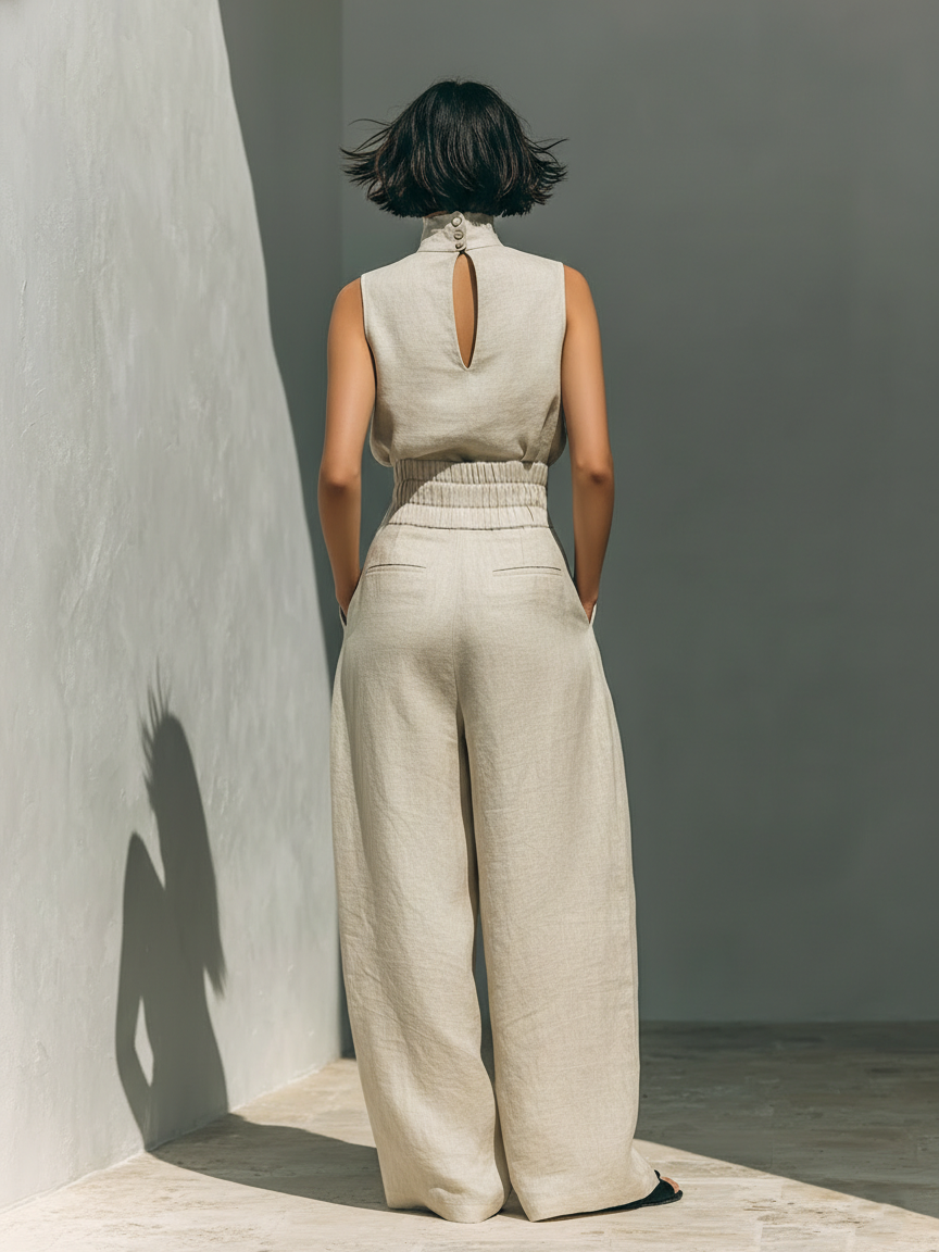 Maria - Conjunto minimalista de camiseta y pantalón ancho de algodón y lino para mujer