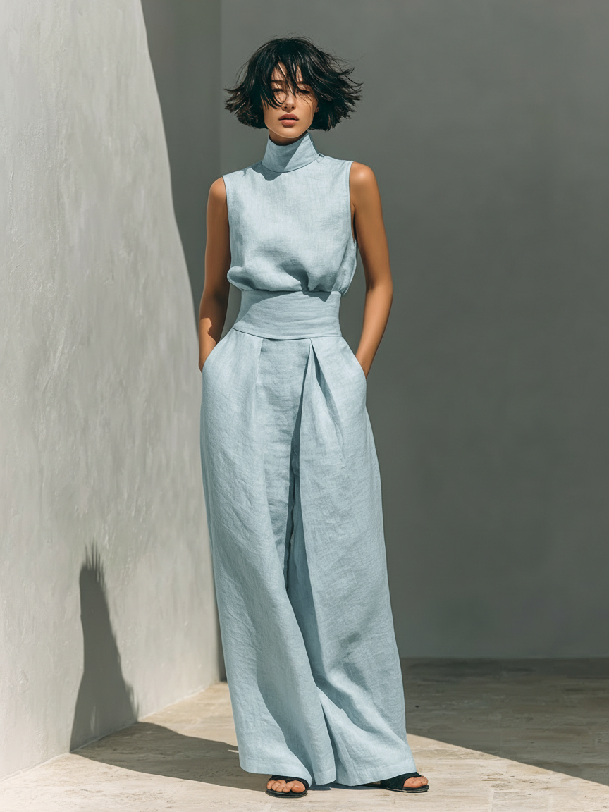 Maria - Conjunto minimalista de camiseta y pantalón ancho de algodón y lino para mujer