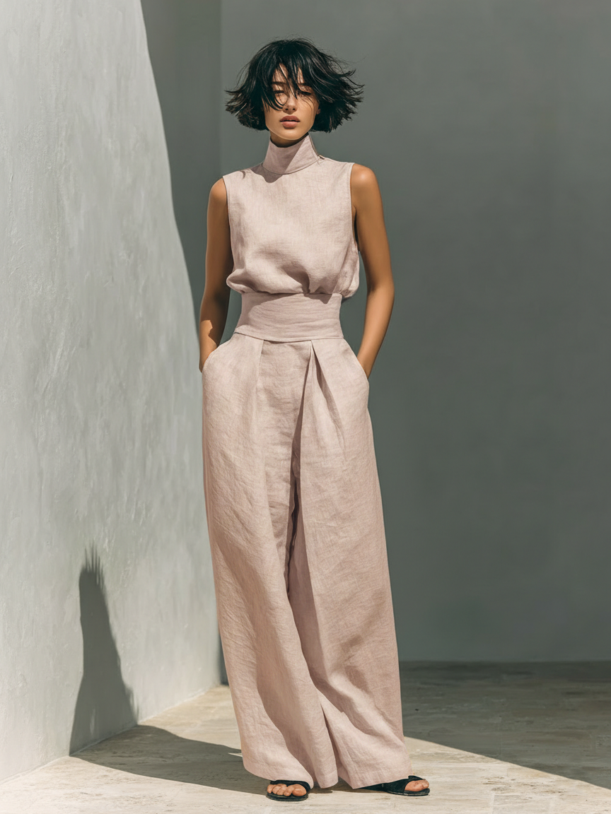 Maria - Conjunto minimalista de camiseta y pantalón ancho de algodón y lino para mujer