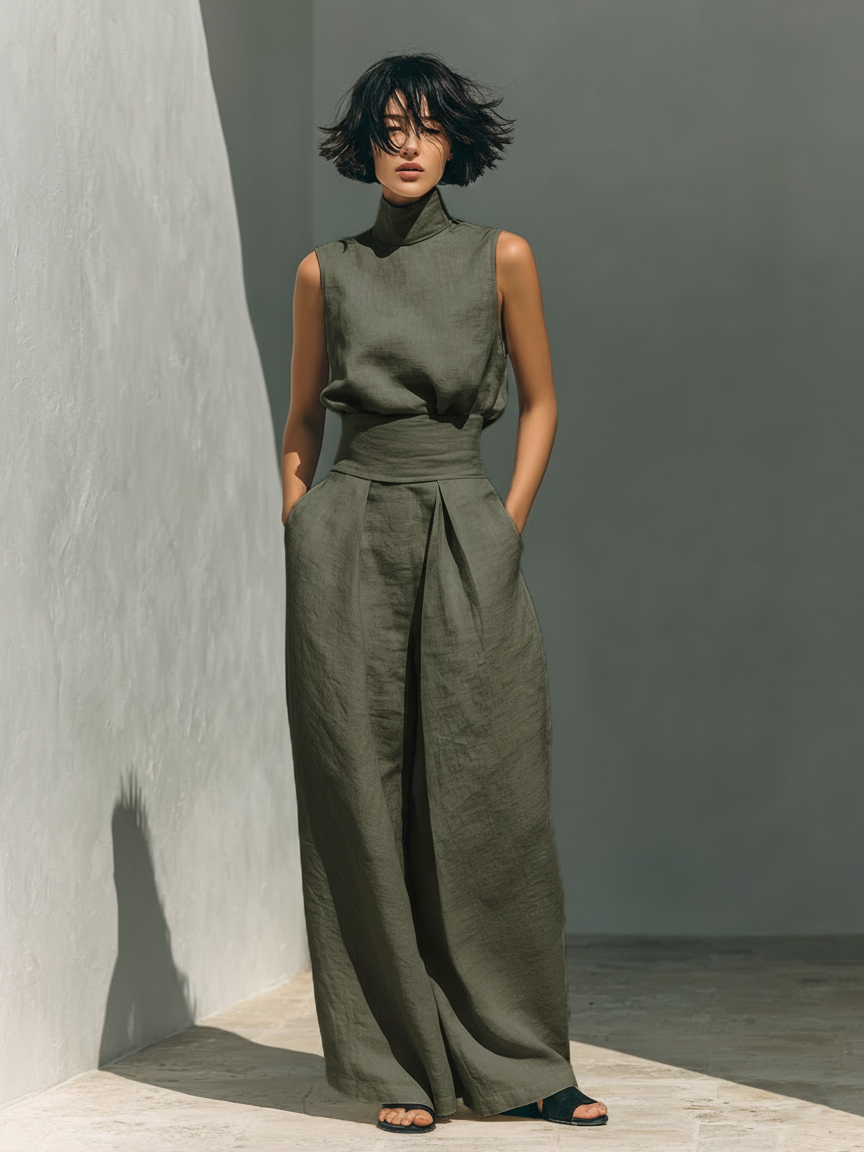 Maria - Conjunto minimalista de camiseta y pantalón ancho de algodón y lino para mujer