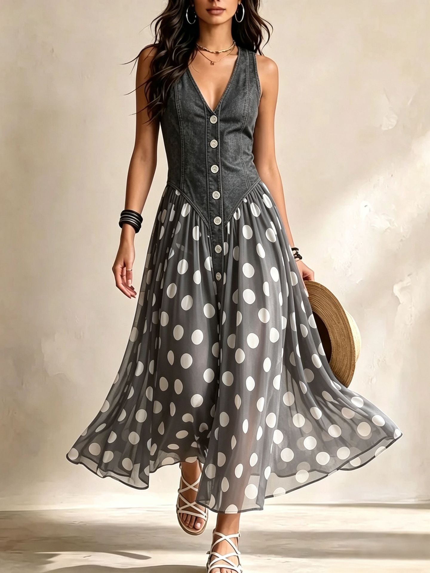 Adeline | Vestido Largo Denim con Lunares