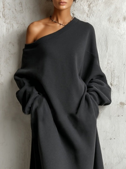 Vestido Maxi Negro de Sudadera con Hombros Descubiertos