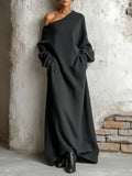 Vestido Maxi Negro de Sudadera con Hombros Descubiertos
