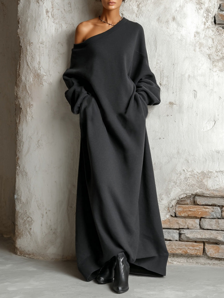 Vestido Maxi Negro de Sudadera con Hombros Descubiertos