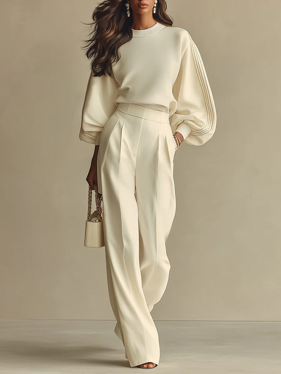 Conjunto de Top de Cuello Redondo Acanalado Marfil y Pantalones de Pierna Ancha de Talle Alto