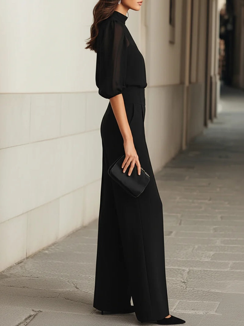 Conjunto Negro de Tres Piezas con Top Camisola Transparente y Pantalones de Pierna Ancha