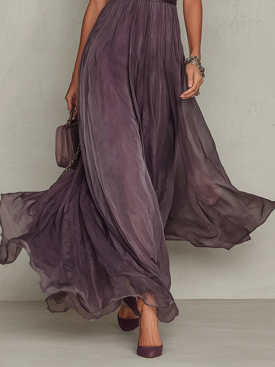 Flavia • Vestido largo violeta con escote de gota y borde de encaje en chiffon
