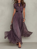 Flavia • Vestido largo violeta con escote de gota y borde de encaje en chiffon