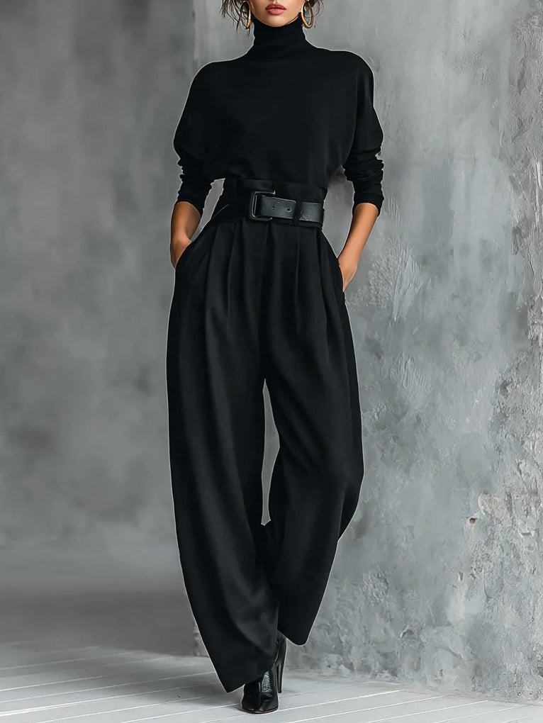 Conjunto Negro de Dos Piezas con Camiseta Cuello Alto de Manga Larga y Pantalones Rectos (Incluye cinturón)