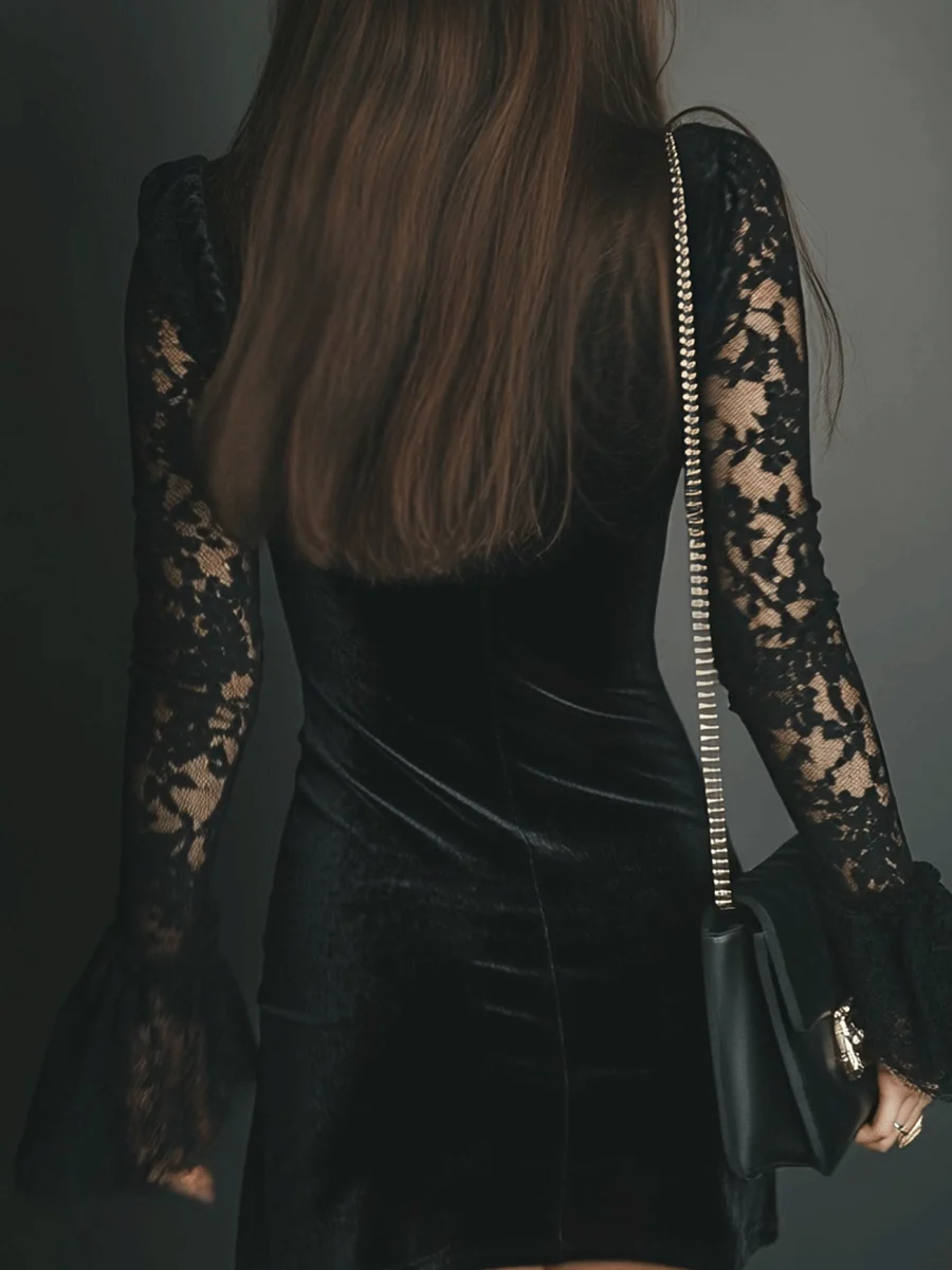 Lunori™ | Vestido mini de terciopelo y encaje Luna