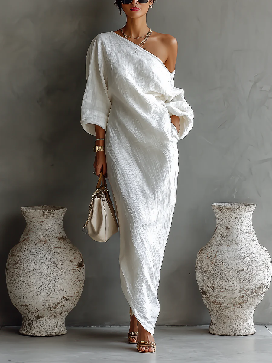 Vestido Maxi Blanco Elegante de Un Hombro