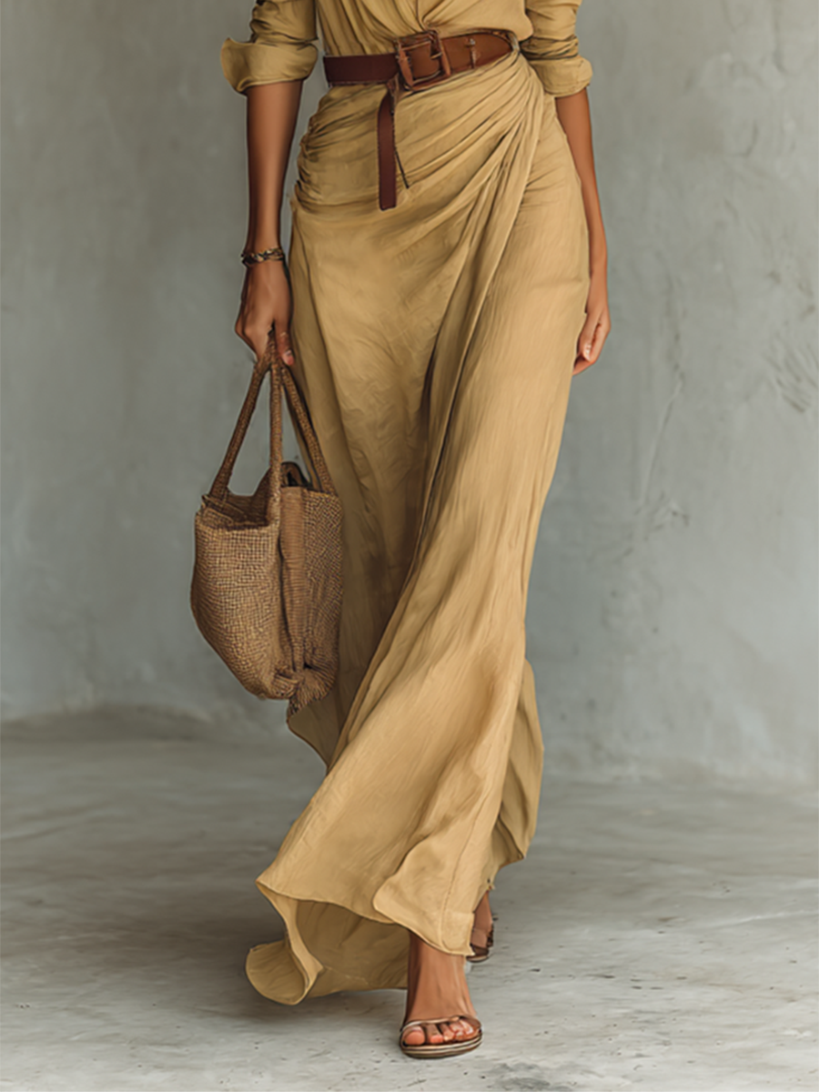 Vestido Maxi Largo con Cuello Solapa y Mangas Largas para Mujer