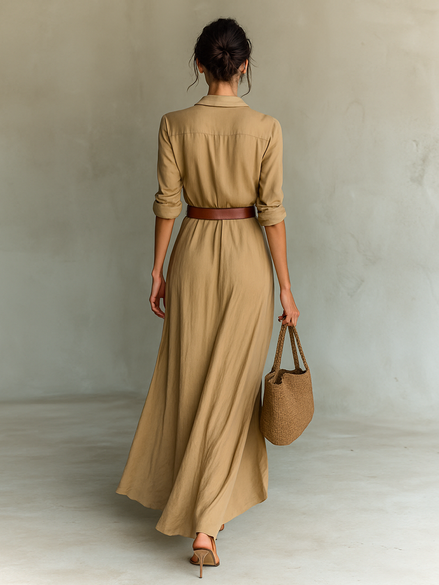 Vestido Maxi Largo con Cuello Solapa y Mangas Largas para Mujer
